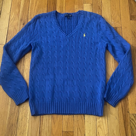 Ralph Lauren Sweaters - Ralph Lauren Cable Knit V Neck Sweater Size XL 100% Cotton Periwinkle Blue EUC